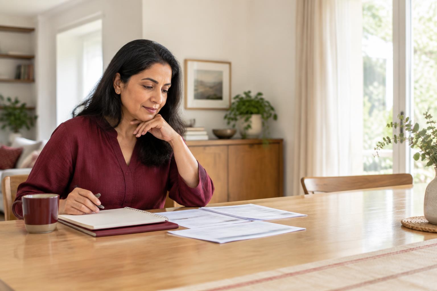 An investor thoughtfully reviewing her financial documents