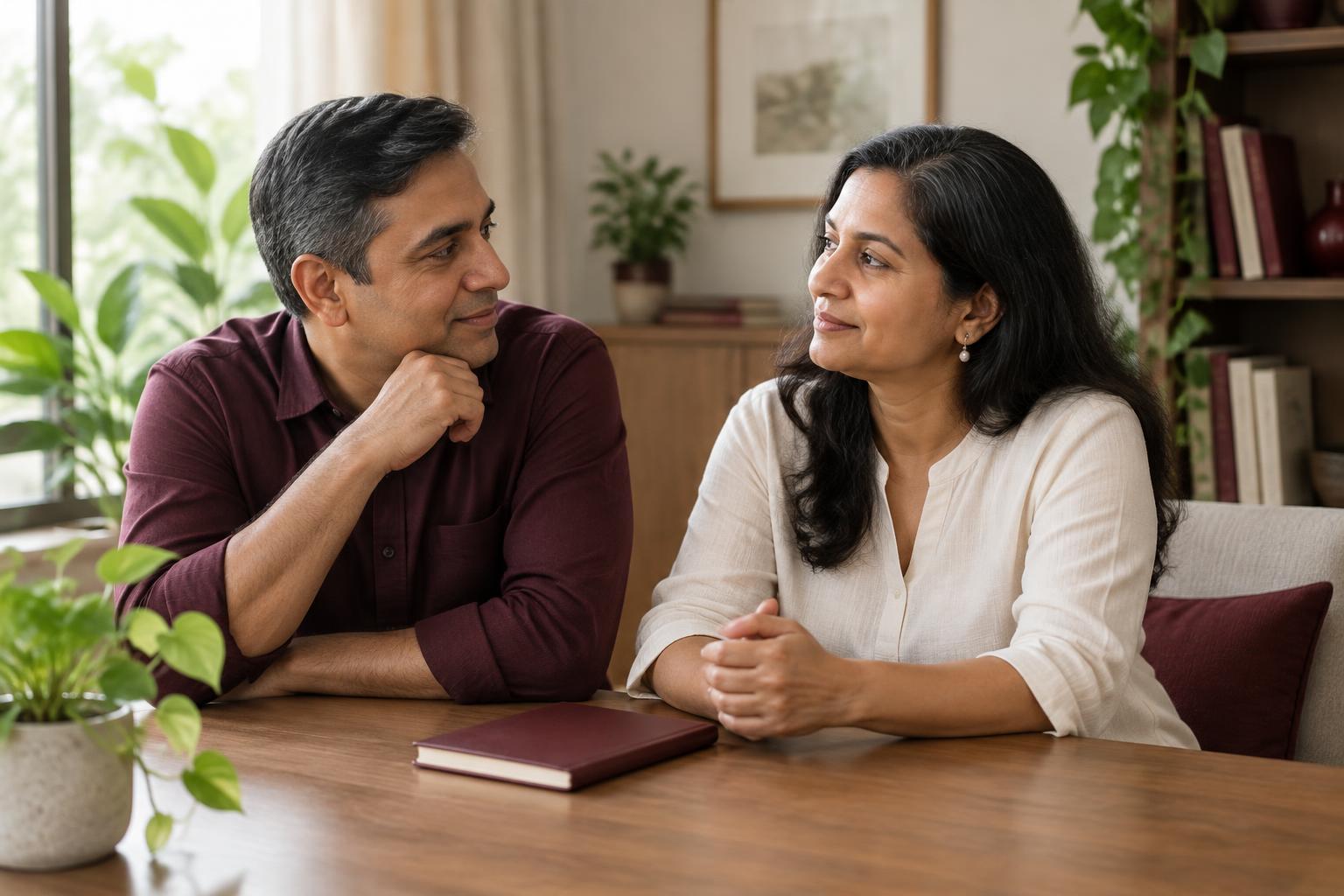 A couple sharing a calm conversation about beginning again